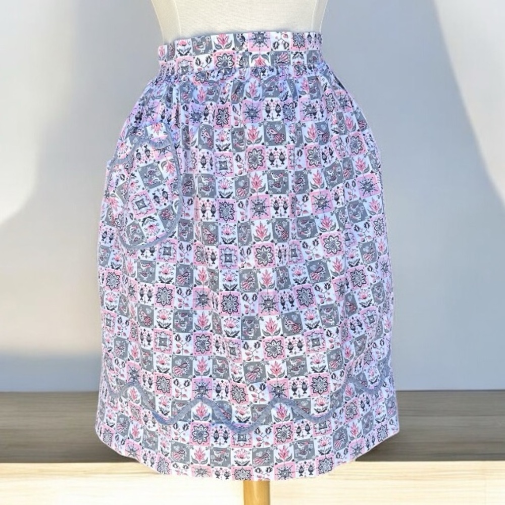 Vintage 1950s Atomic Bird Half Apron Pink Gray | Mid Century Modern MCM Pocket